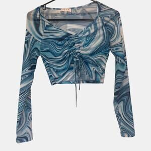 Mesh Long Sleeve Crop Top Blue White Swirl Adjustable Tie Psychedelic Rave